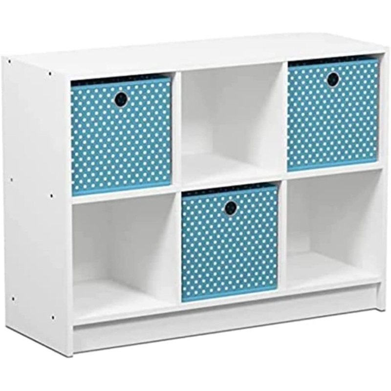 Furinno Basic 3×2 Cube Storage Bookcase Organizer with Bins, White/Light Blue | Bigbigmart.com