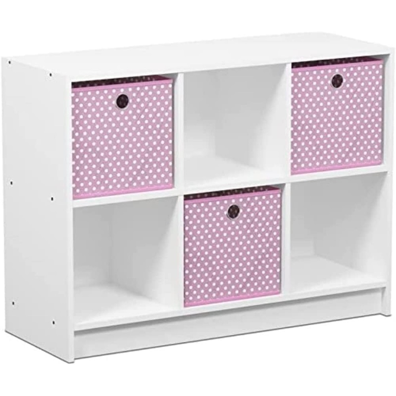 Furinno Basic 3×2 Cube Storage Bookcase Organizer with Bins, White/Light Pink | Bigbigmart.com