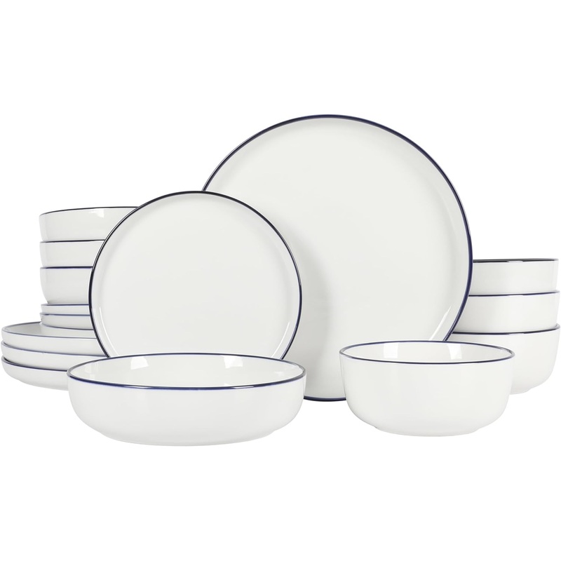Gibson Home Oslo 16-Piece Porcelain Chip and Scratch Resistant Dinnerware Set, White w/Blue Rim | Bigbigmart.com