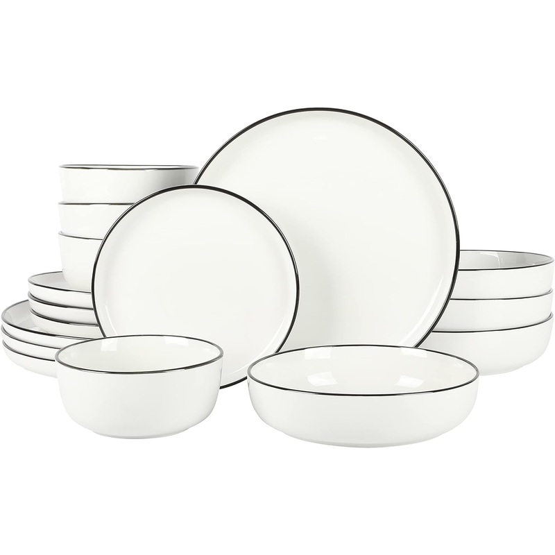 Gibson Home Oslo 16 Piece Porcelain Dinnerware Set, White w/Black Rim, Service for 4 (16pcs) | Bigbigmart.com