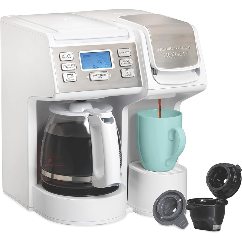 Hamilton Beach FlexBrew Trio 2-Way Coffee Maker, Compatible with K-Cup Pods or Grounds, Single Serve & Full 12c Pot, White with Stainless Steel Accents, Fast Brewing | Bigbigmart.com
