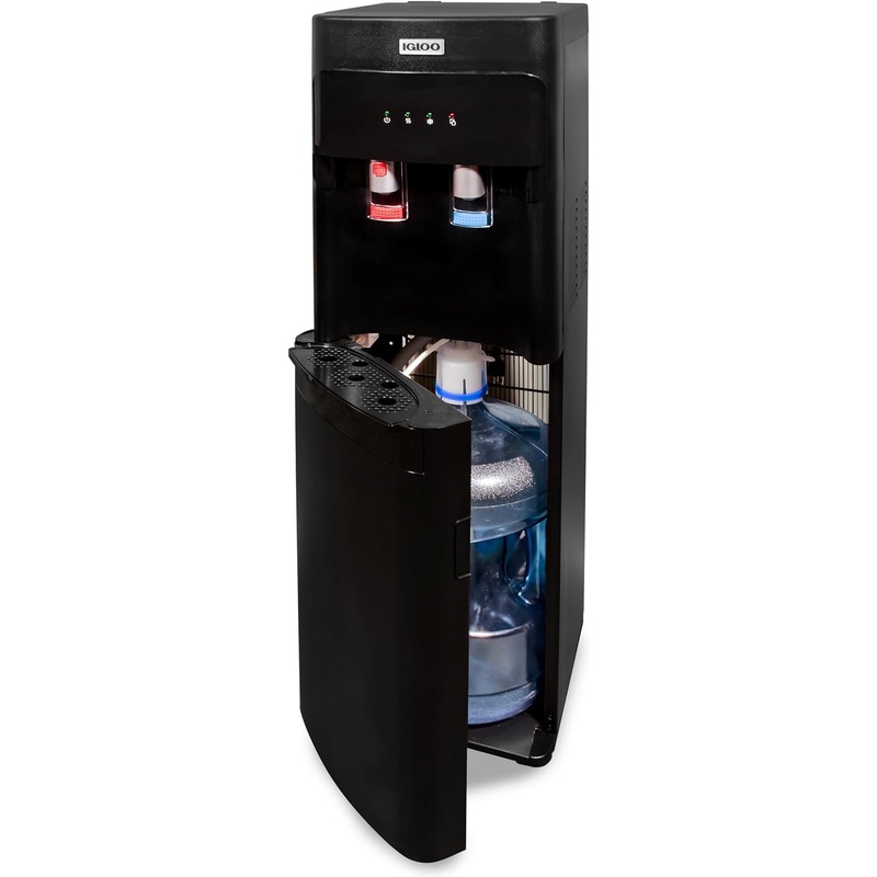 Igloo Hot and Cold Water Cooler Dispenser – Holds 3 & 5 Gallon Bottles, 2 Temperature Spouts with Dispensing Paddles, No Lift Bottom Loading, Child Safety Lock – Black | Bigbigmart.com