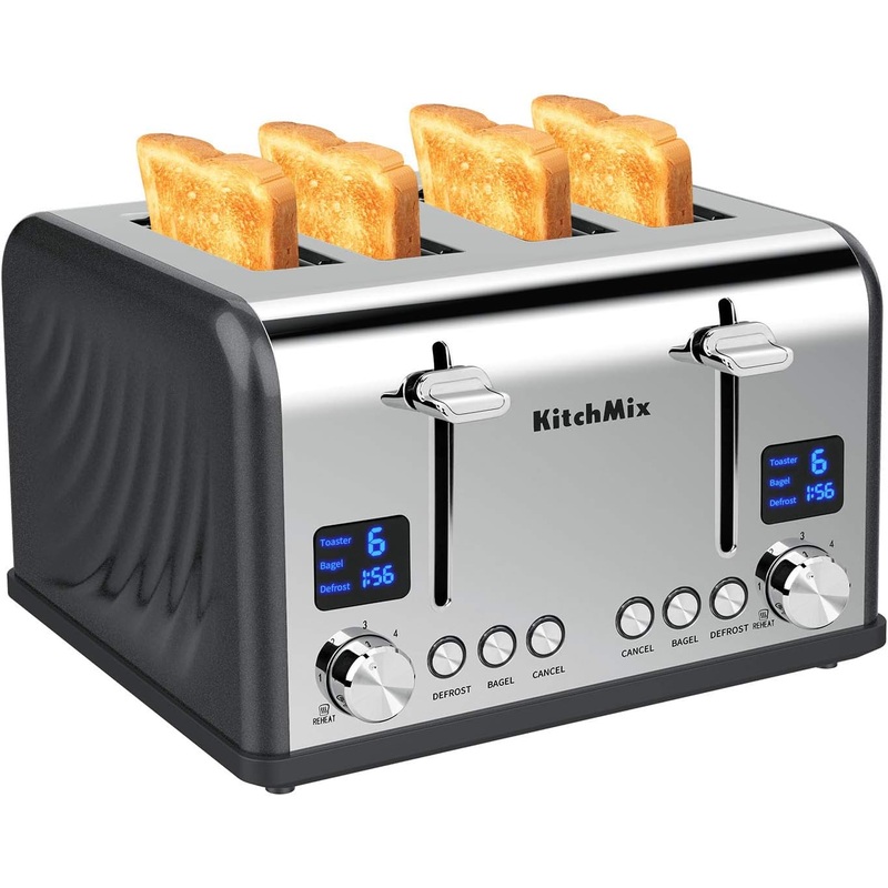 Toaster 4 Slice, Bagel Stainless Toaster with LCD Timer, Extra Wide Slots, Dual Screen, Removal Crumb Tray (Gray) | Bigbigmart.com