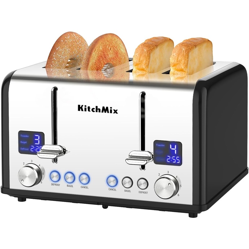 Toaster 4 Slice, KitchMix Bagel Stainless Toaster with LCD Timer, Extra Wide Slots, Dual Screen, Removal Crumb Tray (Black) | Bigbigmart.com