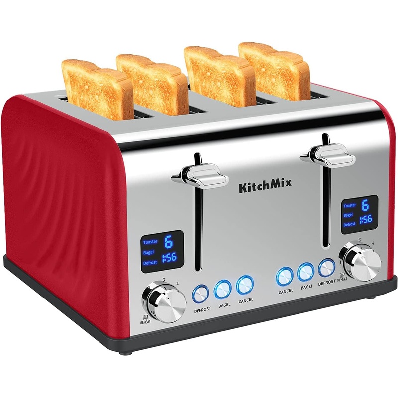 Toaster 4 Slice, KitchMix Bagel Stainless Toaster with LCD Timer, Extra Wide Slots, Dual Screen, Removal Crumb Tray (Red) | Bigbigmart.com
