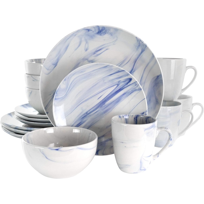 Elama Fine Round Gloss Dinnerware Dish Set, 16 Piece, Blue and White Marble | Bigbigmart.com