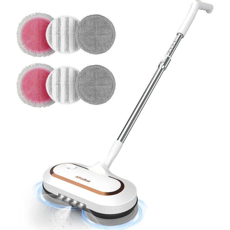 Electric Mop, AlfaBot S2 Cordless Spin Mop for Floor Cleaning, with LED Headlight and Sprayer/400ML Big Tank/60 Mins Runtime, Lightweight Floor Scrubber for Hardwood Tile Floors | Bigbigmart.com