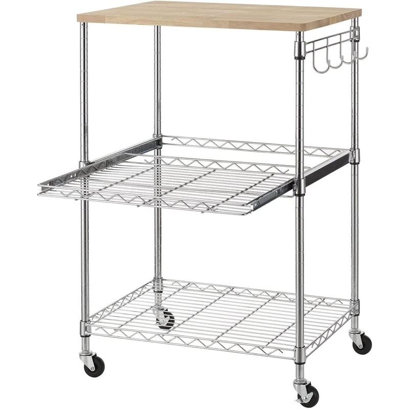Finnhomy 3-Tier Rolling Kitchen Cart, Microwave Cart with Oak Wood Tabletop and Drawer Slider, Coffee Cart & Food Service Cart with Hooks, Chrome | Bigbigmart.com