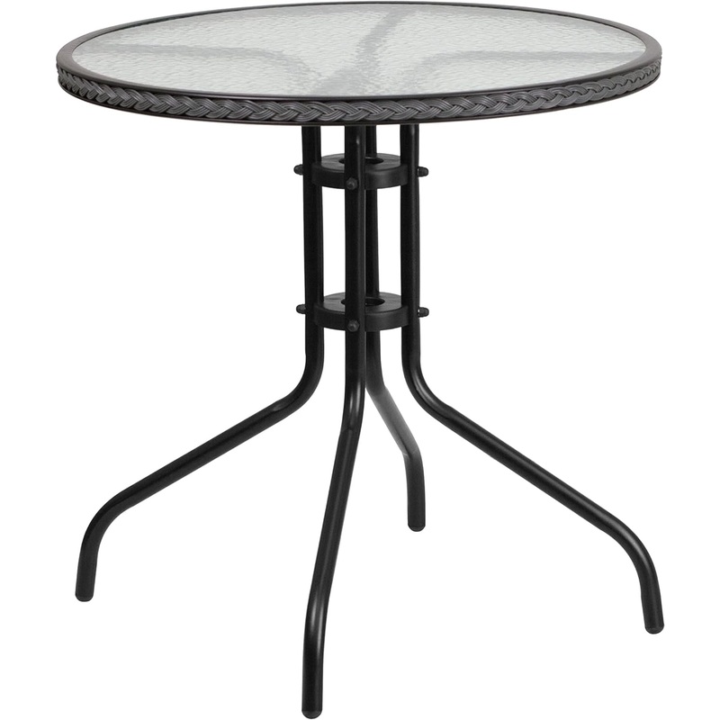 Flash Furniture Barker 28” Round Tempered Glass Metal Table with Gray Rattan Edging | Bigbigmart.com