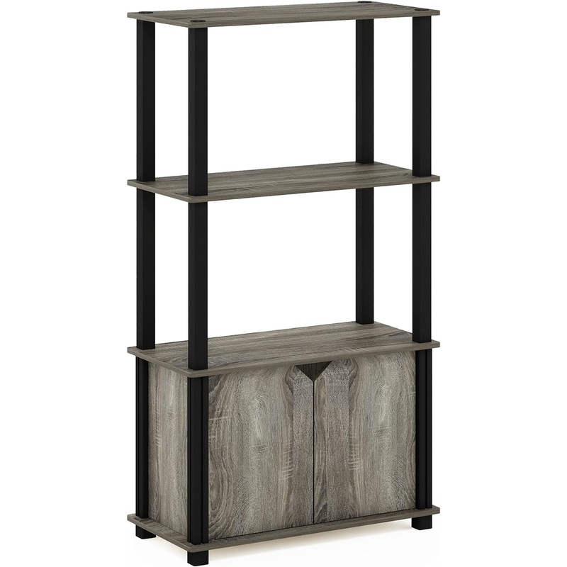 Furinno Brahms 4-Tier Multipurpose Bookcase/Bookshelf/Display Shelf/Display Rack with Door, French Oak Grey/Black | Bigbigmart.com