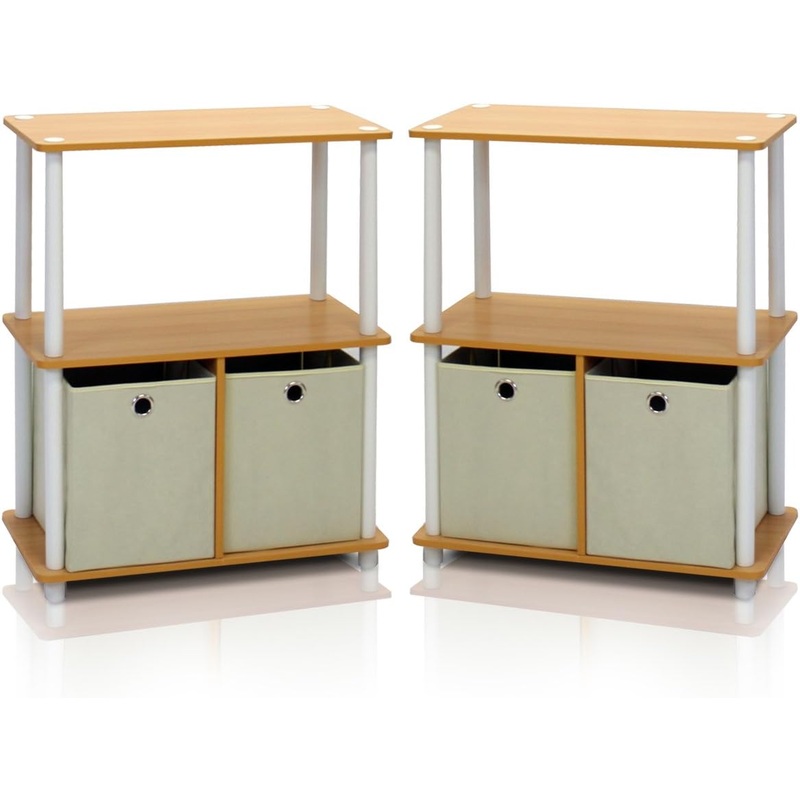 Furinno Go Green 3-Tier 2-Bin Multi-Purpose Storage Shelf (Set of 2), Beech | Bigbigmart.com