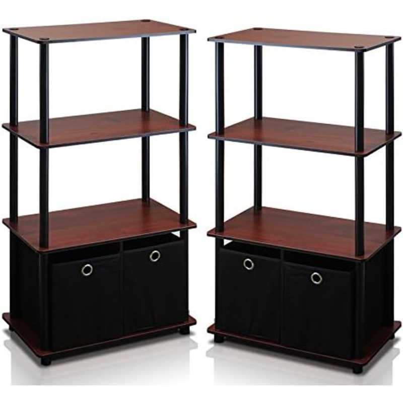 Furinno Go Green 4-Tier Multipurpose Storage Shelf with Bins, Set of 2, Dark Cherry | Bigbigmart.com