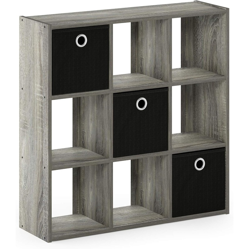 Furinno Simplistic 9-Cube Organizer with Bins, Small Size (Assembled unit dimensions : 7.9D x 26.5W x 26.7H inches), French Oak/Black | Bigbigmart.com
