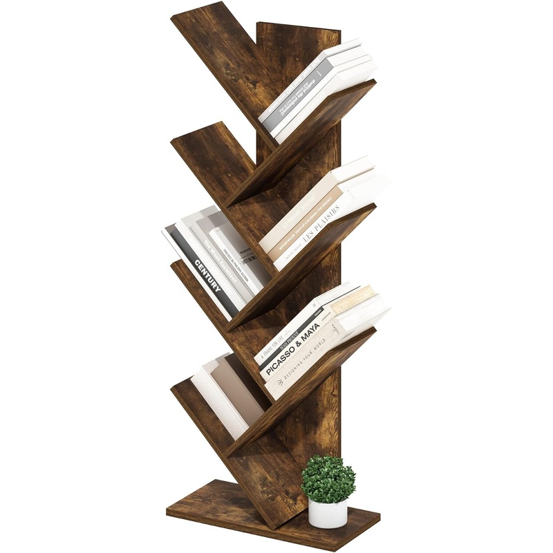 Furinno Tree Bookshelf 7-Tier Floor Standing Tree Bookcase, Amber Pine | Bigbigmart.com