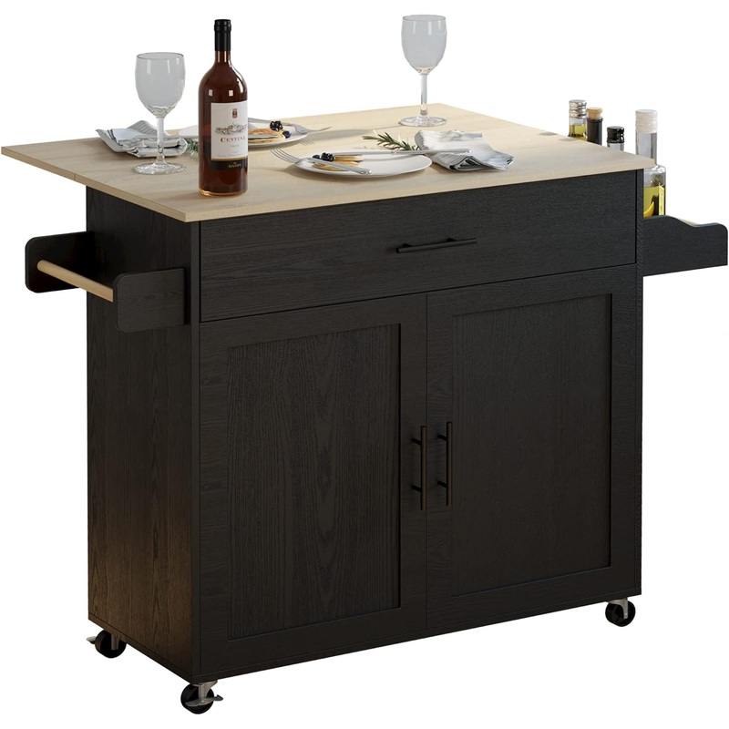 IRONCK Rolling Kitchen Island Table on Wheels with Drop Leaf, Storage Cabinet, Drawer, Spice/Towel Rack, Kitchen Cart, Black | Bigbigmart.com