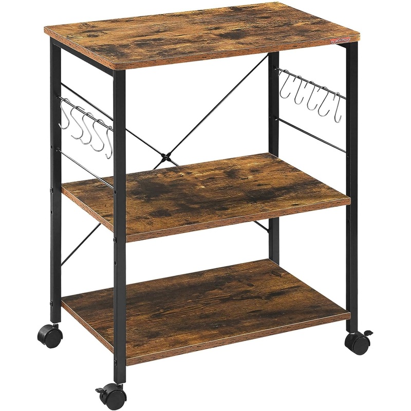Mr IRONSTONE Baker’s Rack, Kitchen Microwave Cart, Coffee Bar Table Station, 3-Tier Kitchen Utility Storage Shelf with Rolling Wheels Coffee Cart Kitchen Microwave Stand with 10 Hooks, Rustic Brown | Bigbigmart.com