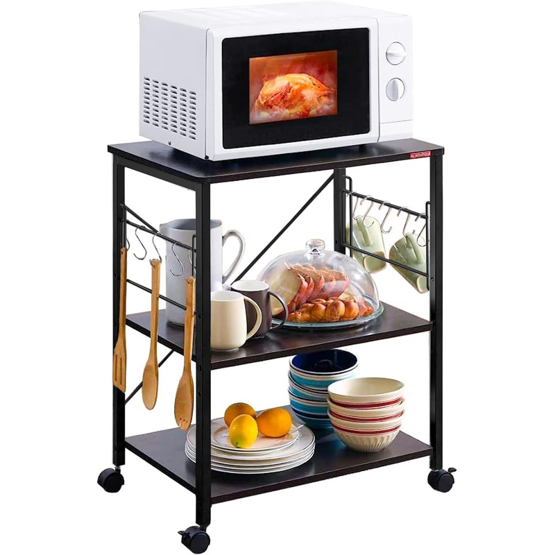 Mr IRONSTONE Kitchen Stand Microwave Cart 23.7” for Small Space, Coffee Bar Table 3-Tier Rolling Utility Microwave Stand on Wheels, Coffee Cart with Storage Bakers Rack, Black Board+Black Metal Frame | Bigbigmart.com
