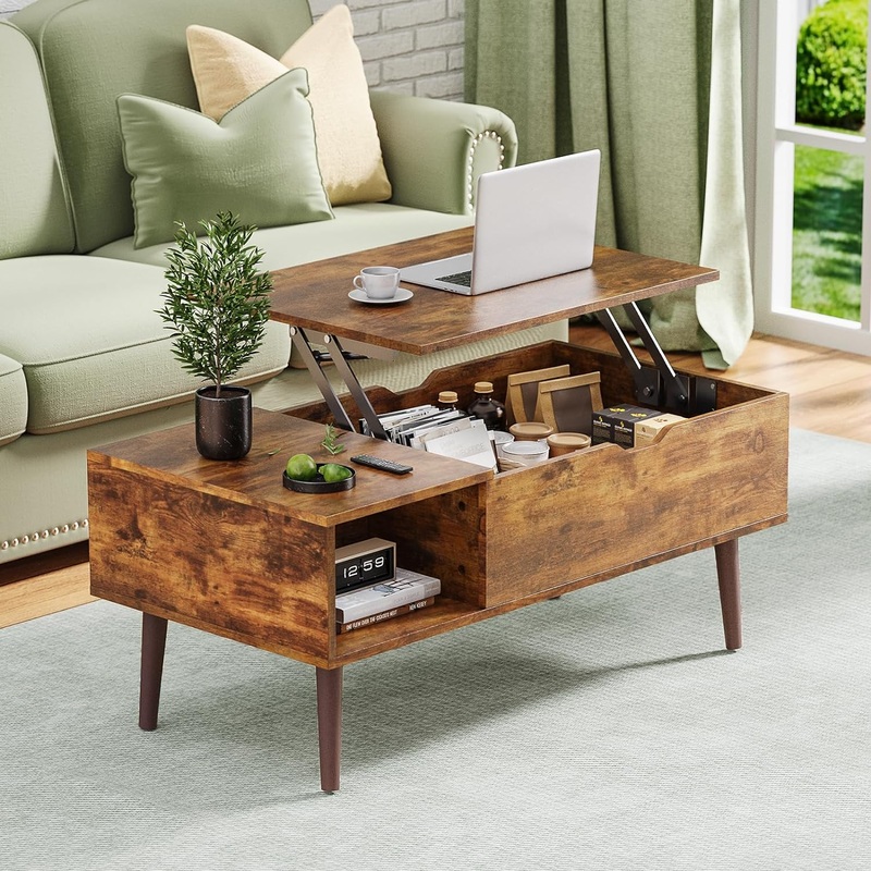 OLIXIS Coffee Tables, Small Coffee Table with Storage Shelf and Hidden Compartment, Modern Wood Lift Top Coffee Table for Living Room, Office, Reception Room (Rust Brown) | Bigbigmart.com