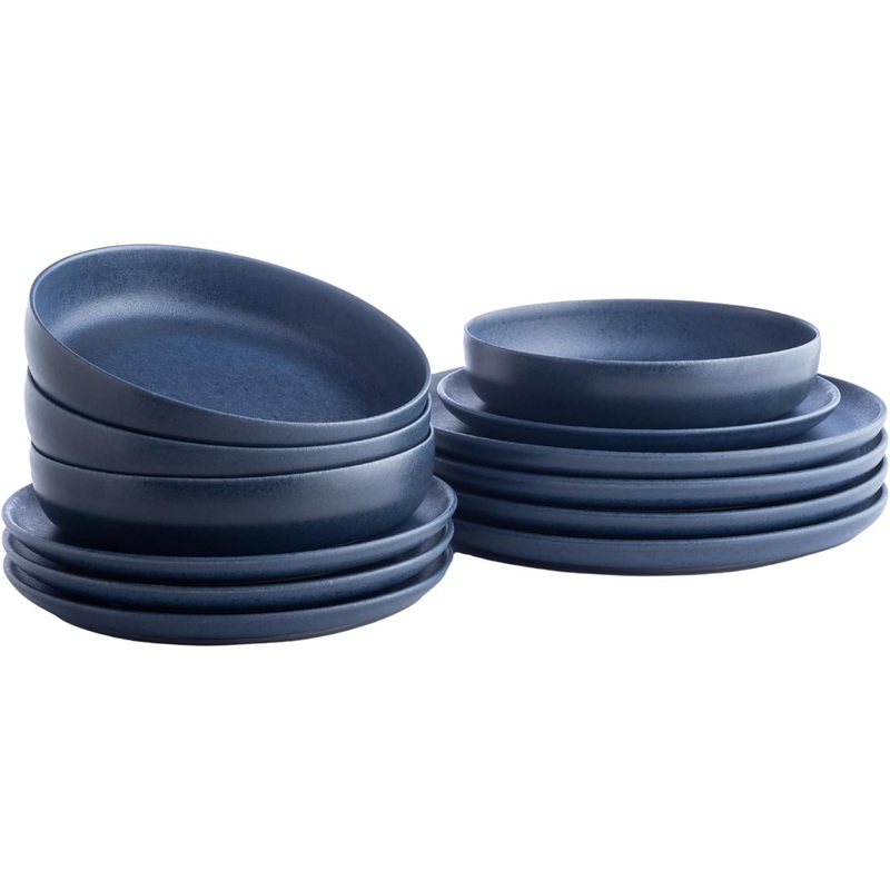 Porto by Stone Lain Macchio 12-Piece Dinnerware Set Stoneware, Blue Matte, Crafted in Portugal, Scratch-Resistant | Bigbigmart.com
