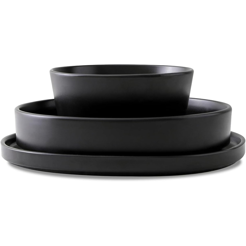 Stone Lain Celina Stoneware 12-Piece Dinnerware Set, Cereal and Pasta Bowls, Black, Coupe | Bigbigmart.com