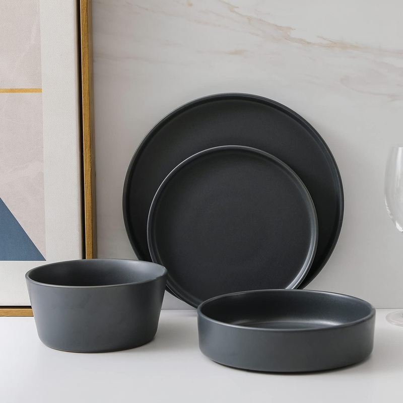Stone Lain Celina Stoneware 16-Piece Dinnerware Set, Cereal and Dinner Bowls, Grey | Bigbigmart.com