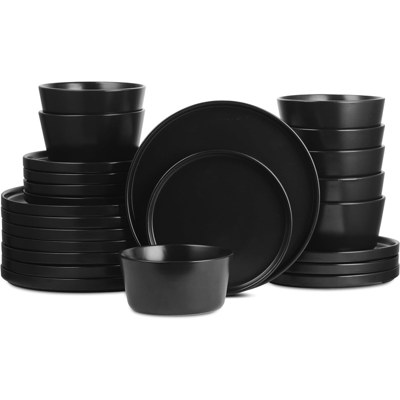 Stone Lain Celina Stoneware 24-Piece Round Dinnerware Set, Black | Bigbigmart.com
