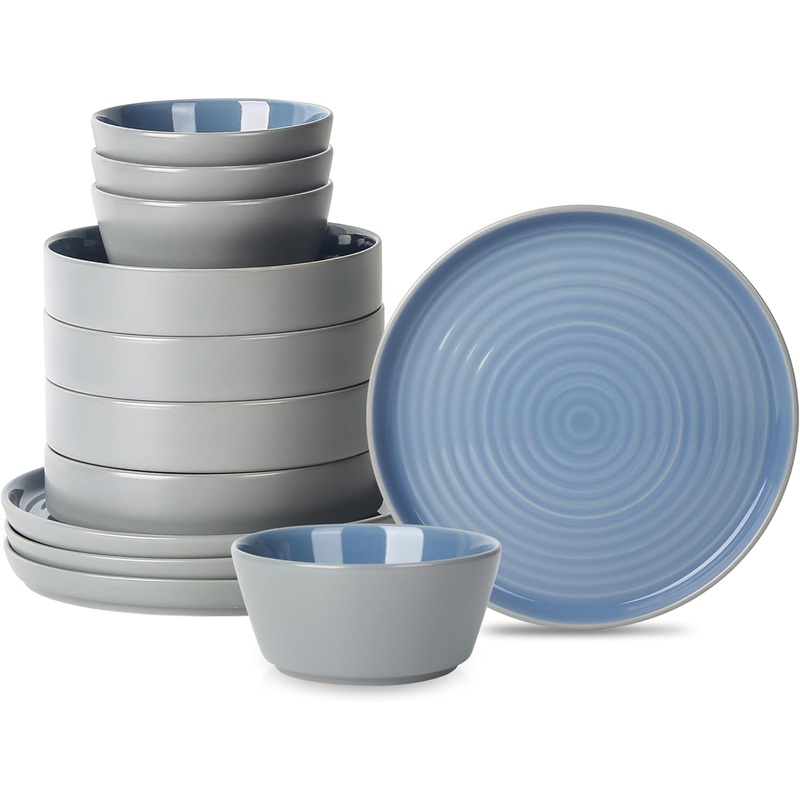 Stone Lain Elica 12-Piece Dinnerware Set Stoneware, Plates and Bowl Set, Blue and Grey | Bigbigmart.com