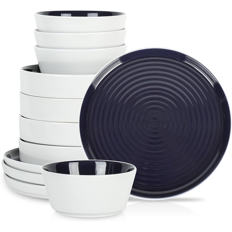 Stone Lain Elica Stoneware Dinnerware Set, Service for 4-12 Pieces, Navy and White | Bigbigmart.com
