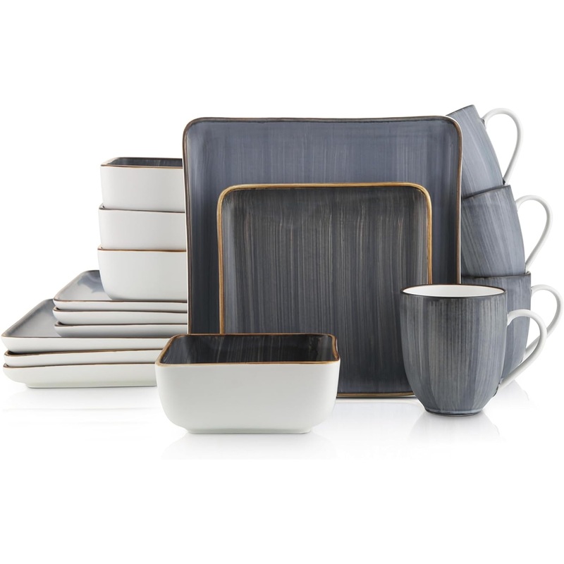 Stone Lain Esmeralda Porcelain Dinnerware Set, Service for 4, 16 Pieces Square Grey Brushed Design | Bigbigmart.com