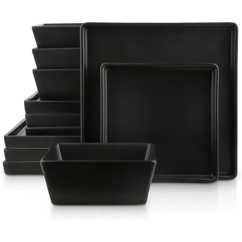 Stone Lain Grace Square Stoneware Dinnerware Set, 12 Piece Service For 4, Black | Bigbigmart.com