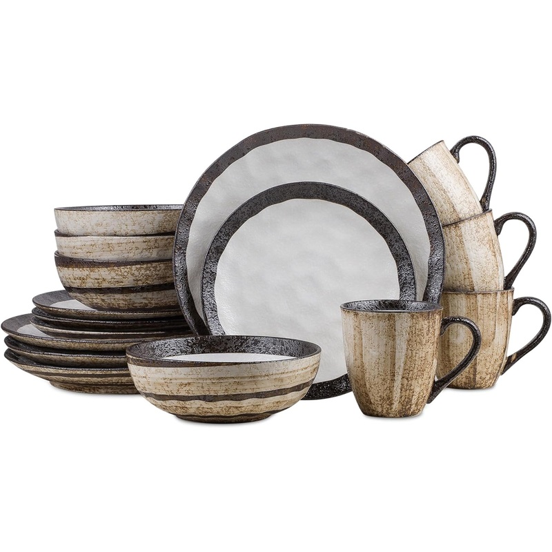 Stone Lain Lucy Porcelain 16-Piece Round Dinnerware Set, Beige | Bigbigmart.com