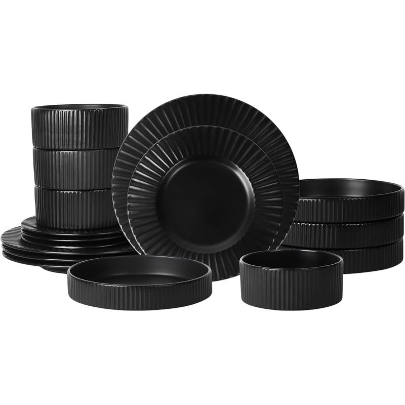 Stone Lain Lusso Stoneware Dinnerware Set, 16-Piece – Service for 4, Black | Bigbigmart.com