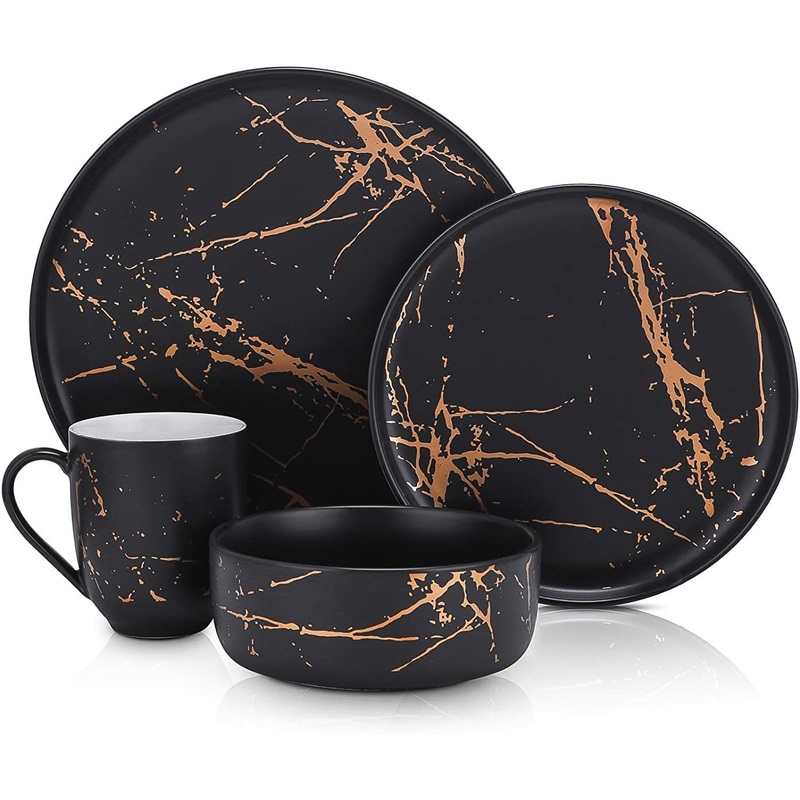 Stone Lain Modern Gold Splash Exquisite Fine China Dinnerware Set, 16 Piece – Service for 4, Black & Gold | Bigbigmart.com
