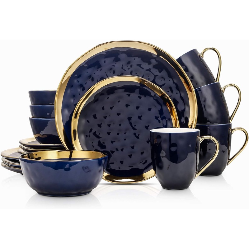 Stone Lain Porcelain 16 Piece Dinnerware Set, Service for 4, Blue and Golden Rim, Dark Blue | Bigbigmart.com