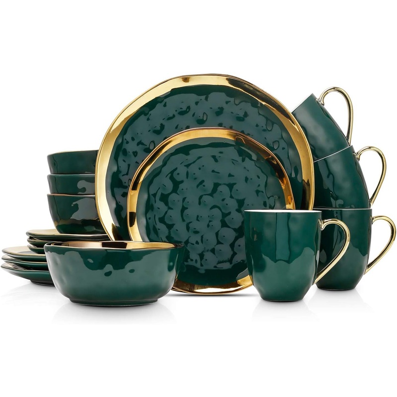 Stone Lain Porcelain 16 Piece Dinnerware Set, Service for 4, Green and Golden Rim | Bigbigmart.com