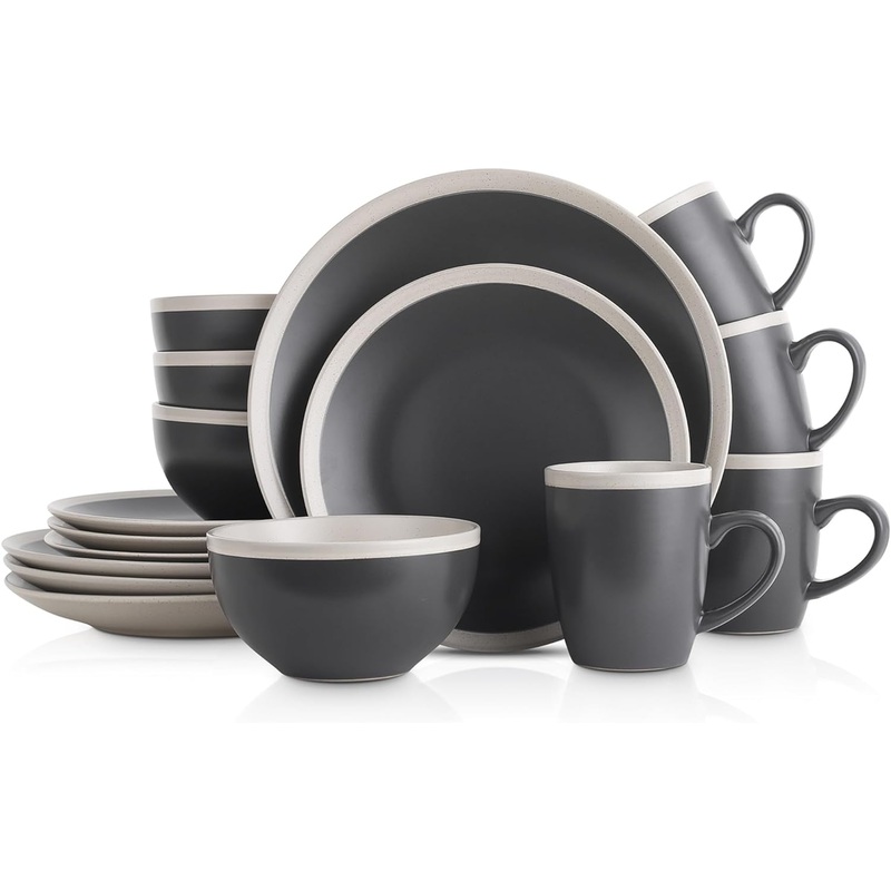 Stone Lain Serenity 16-Piece Stoneware Dinnerware, 2-Tone, Speckles, Dark Gray and Cream | Bigbigmart.com