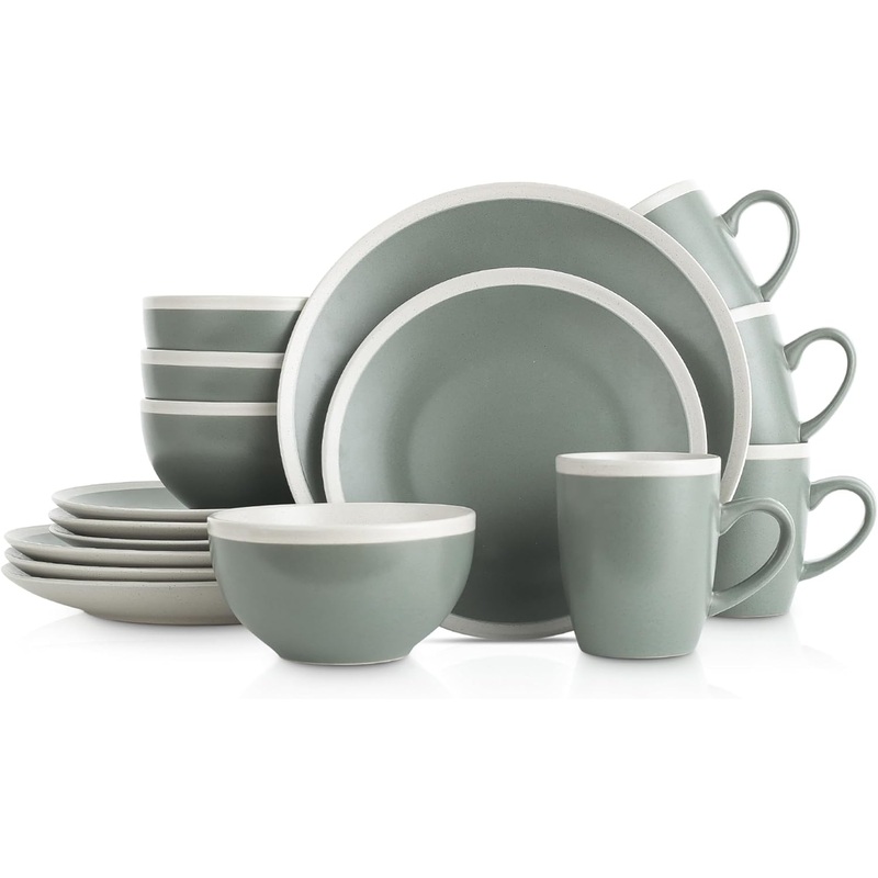 Stone Lain Serenity 16-Piece Stoneware Dinnerware, 2-Tone, Speckles, Green and Cream | Bigbigmart.com
