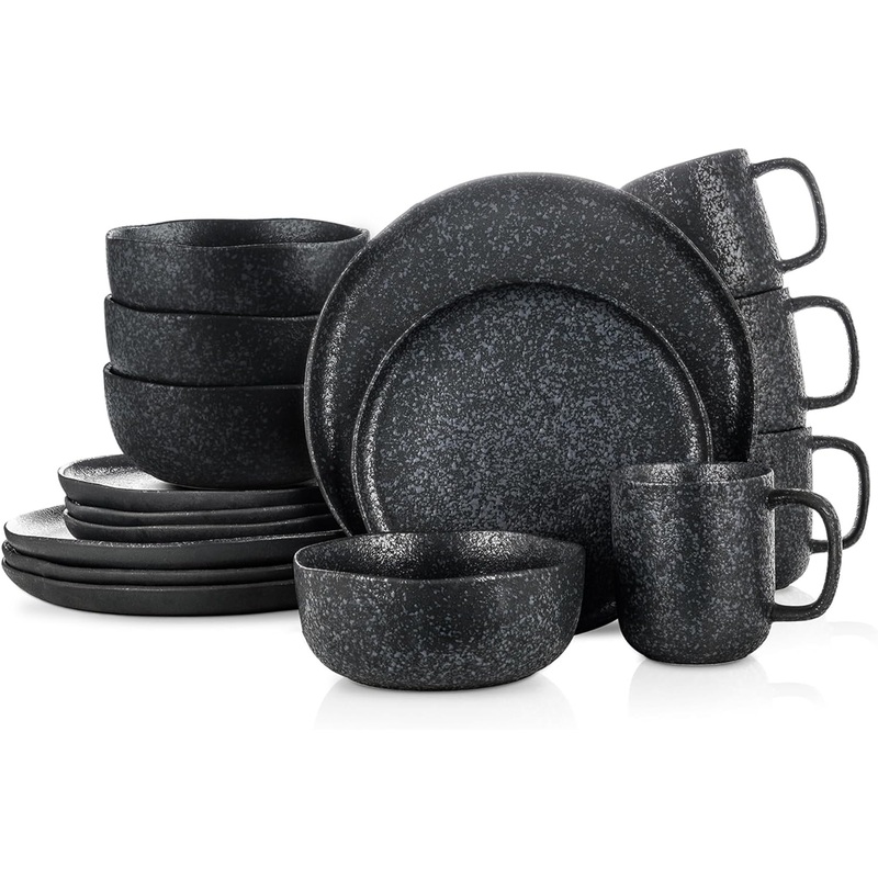 Stone Lain Tom Stoneware Reactive Glaze Dinnerware Set, 16-Piece Service for 4, Black-White | Bigbigmart.com