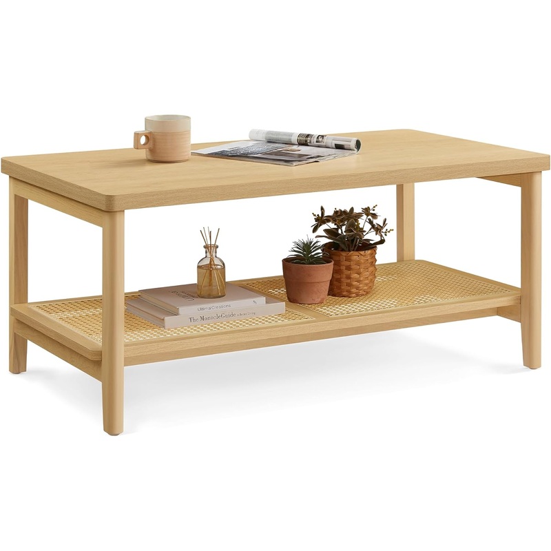 VASAGLE 2-Tier Coffee Table for Living Room, Living Room Table Rectangular Center Table, with PVC Rattan Storage Shelf, Rounded Corners, Easy Assembly, Boho Style, Oak Beige ULCT240Y57 | Bigbigmart.com