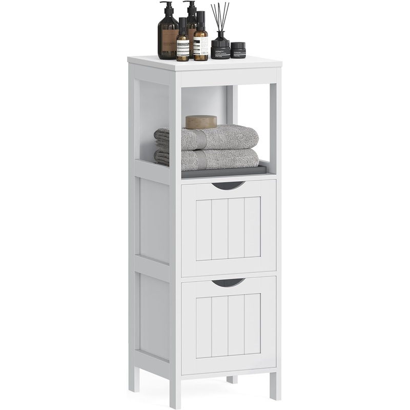 VASAGLE Bathroom Floor Cabinet, Bathroom Storage Organizer Rack Stand, Multifunctional Corner Unit, 2 Drawers, White UBBC42WT | Bigbigmart.com