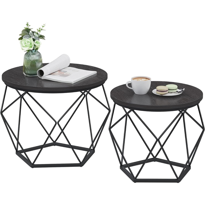 VASAGLE Small Coffee Table Set of 2, Round Coffee Table with Steel Frame, Side End Table for Living Room, Bedroom, Office, Black | Bigbigmart.com
