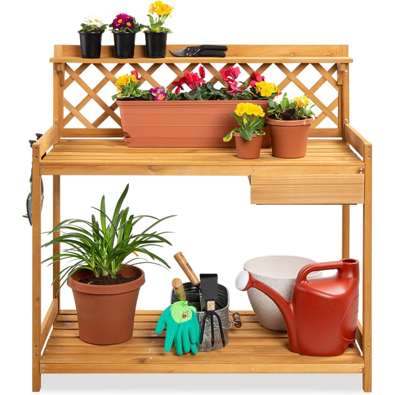 Best Choice Products Outdoor Garden Potting Bench, Wooden Workstation Table w/Cabinet Drawer, Open Shelf, Lower Storage, Lattice Back – Gray | Bigbigmart.com