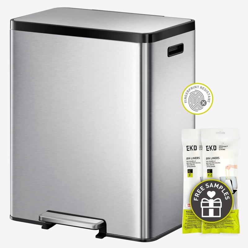 EKO EcoCasa II 36L+24L Dual Trash Can with Recycle Bin, Stainless Steel Garbage Can with Lid, Deodorizer Compartment, Odor-Proof and Fingerprint Resistant | Bigbigmart.com