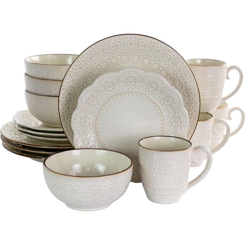Elama Embossed Scalloped Stoneware Dinnerware Dish Set, 16 Piece, Ivory | Bigbigmart.com