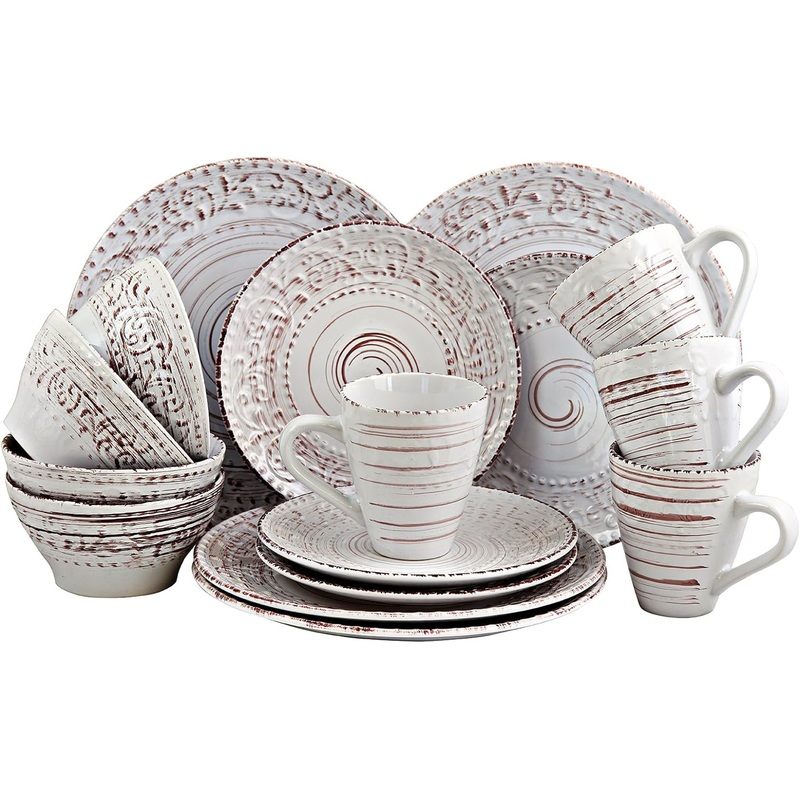 Elama Embossed Stoneware Ocean Dinnerware Dish Set, 16 Piece, Seashell and White Sand | Bigbigmart.com