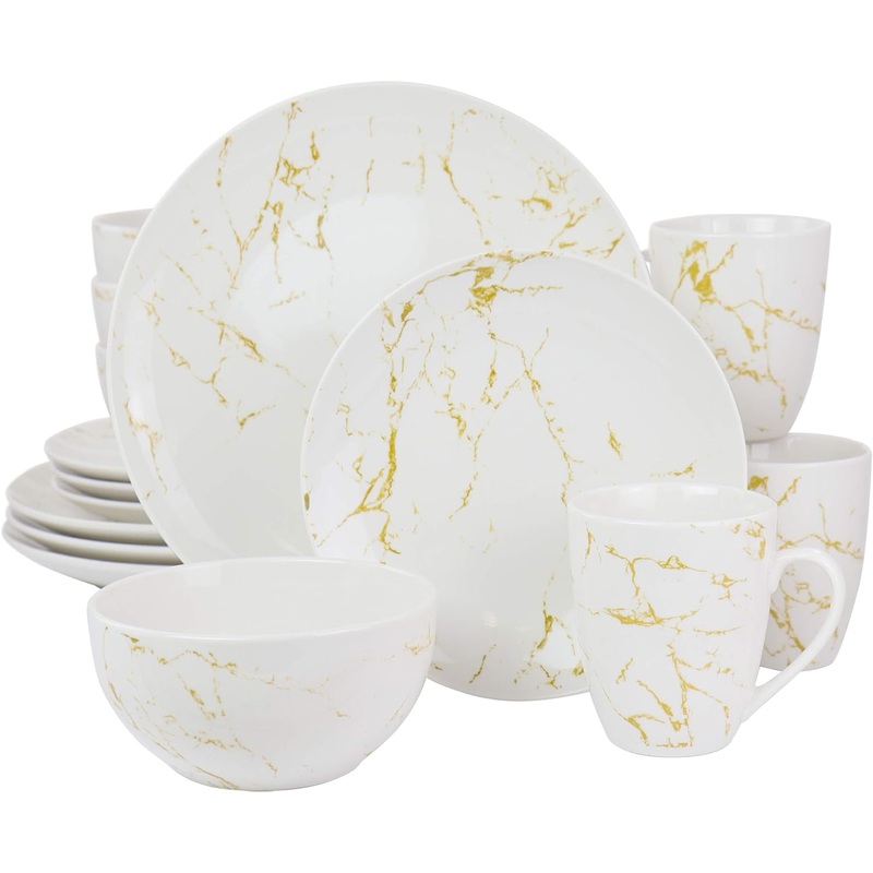 Elama Fine Marble Round Gloss Dinnerware Dish Set, 16 Piece, White and Gold | Bigbigmart.com