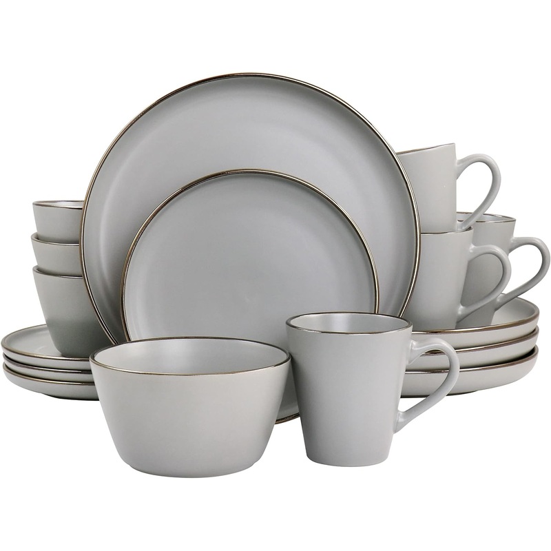Elama Louis 16 Piece Stoneware Dinnerware Set in Matte Slate with Gold Rim, (Arthur Paul Louis Set) | Bigbigmart.com