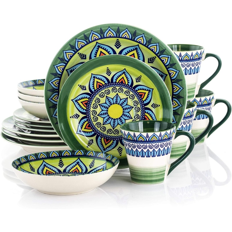 Elama Multicolored Round Stoneware Mandala Pattern Dinnerware Set, 16 Piece, Green | Bigbigmart.com