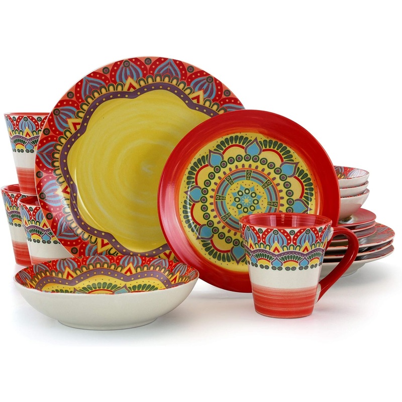 Elama Multicolored Round Stoneware Mandala Pattern Dinnerware Set, 16 Piece, Red | Bigbigmart.com