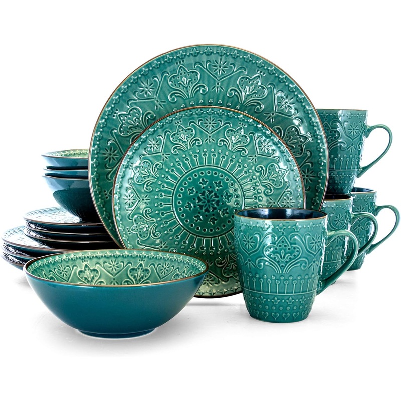 Elama Round Stoneware Embossed Dinnerware Dish Set, 16 Piece, Ocean Teal and Green | Bigbigmart.com